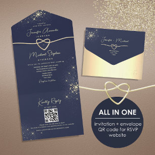 Eleganter Gold- und Marineblauer QR-Code zur Hochz All In One Einladung