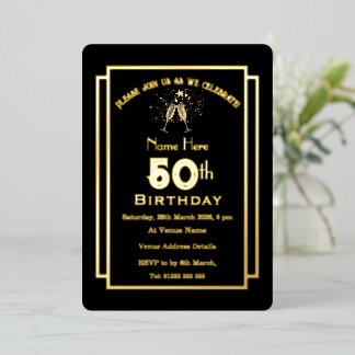 Eleganter Gold- und Schwarzer 50. Geburtstag Folieneinladung