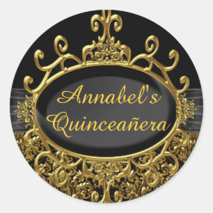 Eleganter Gold- und schwarzer Damast-Quinceanera-A Runder Aufkleber