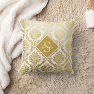 Eleganter Gold- und White Damask Print Personalisi Kissen