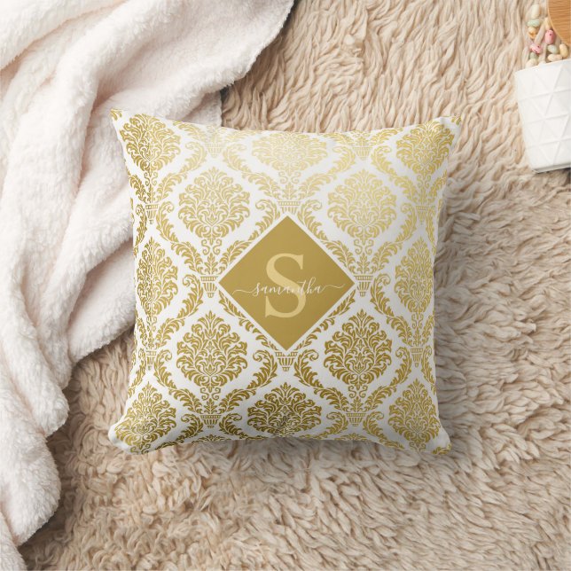 Eleganter Gold- und White Damask Print Personalisi Kissen (Decke)