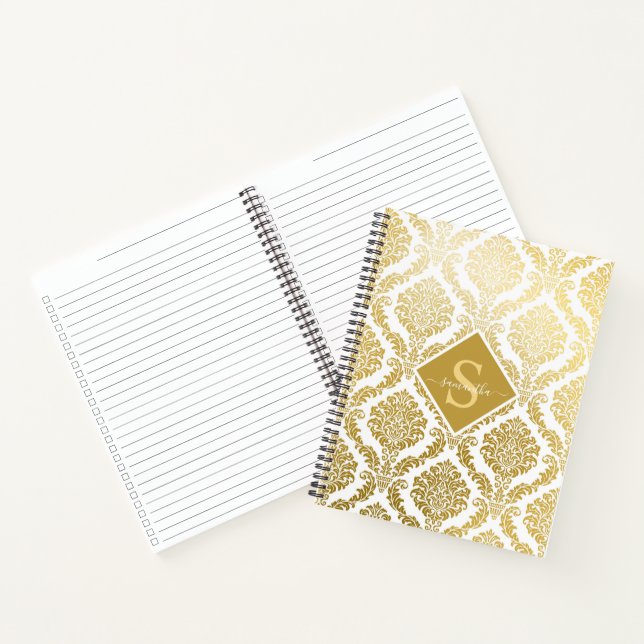 Eleganter Gold- und White Damask Print Personalisi Notizbuch (Innenseite)