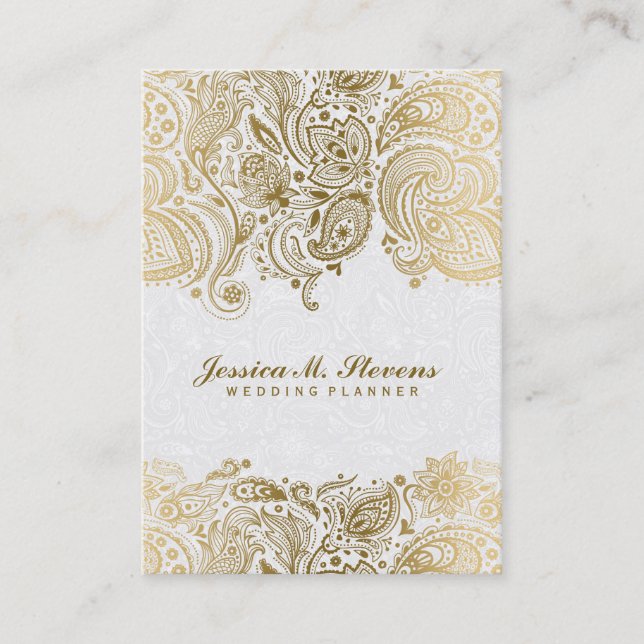 Eleganter Gold und White Paisley 3 Hochzeitsplaner Visitenkarte (Vorderseite)