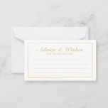 Eleganter Gold- und White Wedding Advice und Wünsc Hinweiskarte<br><div class="desc">Schöne Elegant Gold und White Wedding Advice and Wishings Card mit Ihren Informationen in goldfarbenem, elegantem Schriftart mit goldfarbenem Rechteck. Klicken Sie auf die Schaltfläche Anpassen, um das Design zu personalisieren. Bitte beachten Sie, dass es sich bei der auf dem Produkt abgebildeten Goldfolie um einen gedruckten Effekt und nicht um...</div>