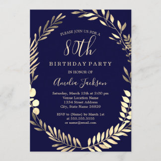 Eleganter Gold Watercolor Wreath 80. Geburtstag Einladung