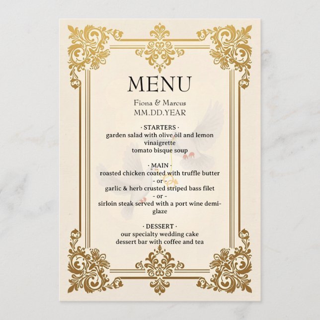 Eleganter Gold Wedding Menu Card Luxus Empfang Menükarte (Vorderseite)