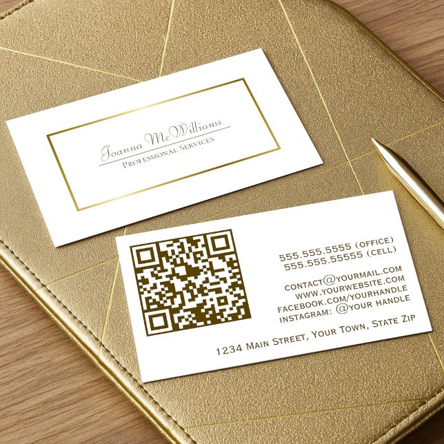 Eleganter Gold & White Beruflich QR Code Visitenkarte (Front/Back)