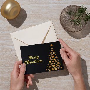 Eleganter Goldbaum Frohe Weihnachten auf schwarz Karte