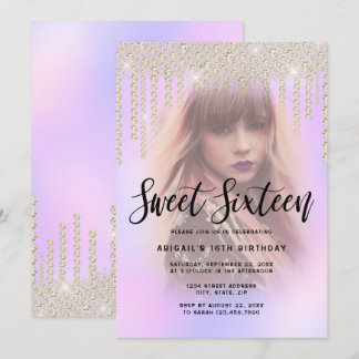 Eleganter Golddiamant-Tropfen lila 16 . Geburtstag Einladung