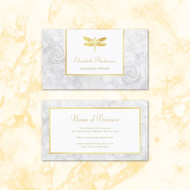 Eleganter Golddragonfly Weißer Rosenmarmor Visitenkarte (Elegant Gold Dragonfly White Rose Marble Business Cards)