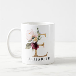 Eleganter Golden and Burgundy Blush Blume Letter E Kaffeetasse