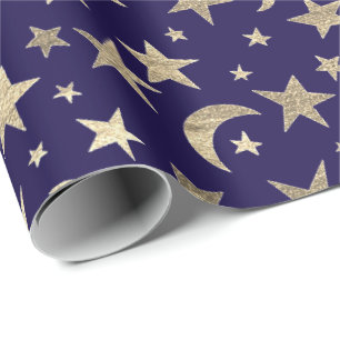 Eleganter Golden Stars Moon Blauer Marschplatz Geschenkpapier