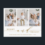 Eleganter Goldene Merry & Bright 3 Foto Urlaub Postkarte<br><div class="desc">Einfache und elegante Foto Postkarte. Für eine erweiterte Anpassung dieses Designs klicken Sie bitte auf den Link Weitere anpassen,  um den Schriftart,  die Größe,  die Farbe usw. zu ändern.</div>