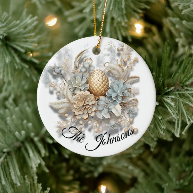 Eleganter Goldener Acorn mit Blumen - Custom Keramik Ornament (Baum)