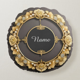 Eleganter goldener Blumenrahmen Rundes Kissen