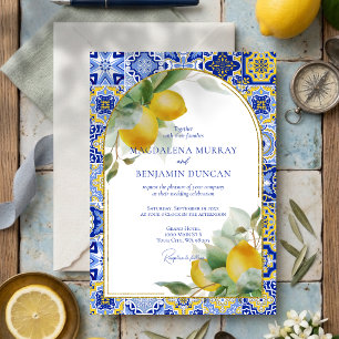 Eleganter goldener Bogen Italienische blaue Fliese Einladung