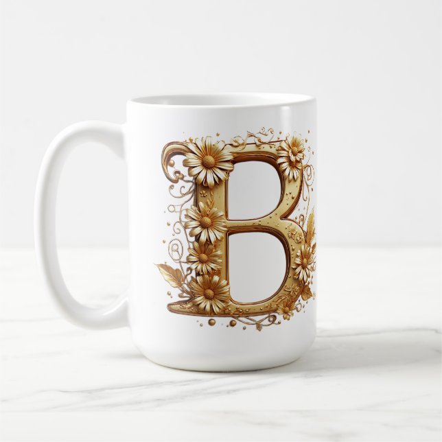 Eleganter goldener Buchstabe B mit Blumendesign Kaffeetasse (Links)