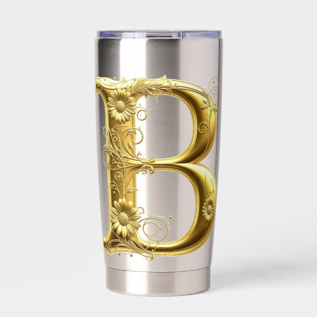 Eleganter goldener Buchstabe B mit Blumendesign Thermobecher (Vorderseite)