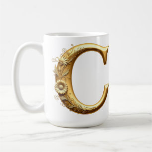 Eleganter goldener Buchstabe C mit floralem Design Kaffeetasse