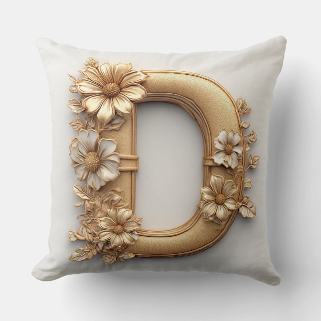 Eleganter Goldener Buchstabe D mit delikaten Blume Kissen (Vorderseite)