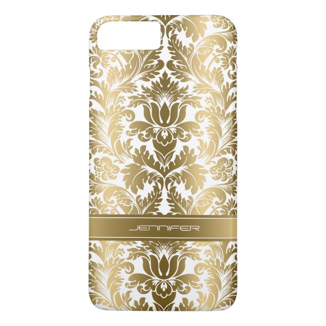 Eleganter goldener Damaskus 2 weißer Hintergrund Case-Mate iPhone Hülle (Rückseite)