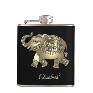 Eleganter goldener Elefant mit Blumenmuster, Schwa Flachmann
