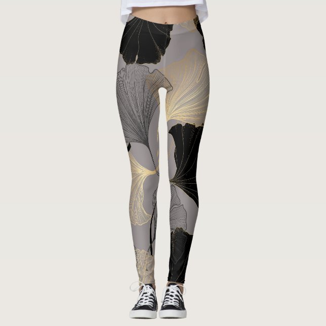 Eleganter goldener Ginkgo, Vintager Hintergrund. Leggings (Vorderseite)