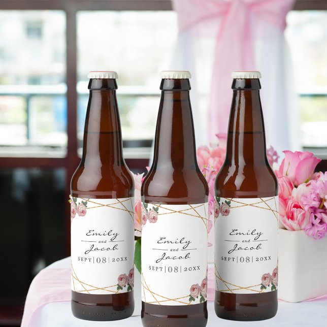 Eleganter Goldener Glitzer Geometrisches Rosa Blum Bierflaschenetikett (Elegant Gold Glitter Geometric Pink Floral Wedding Beer Bottle Label)