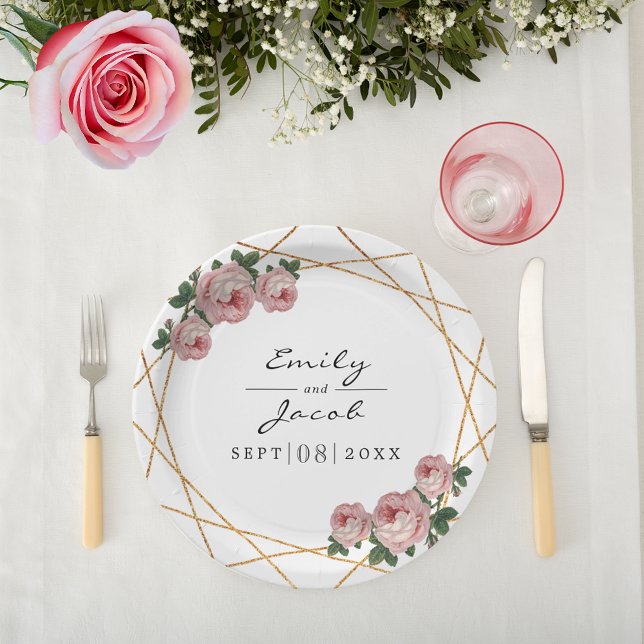 Eleganter Goldener Glitzer Geometrisches Rosa Blum Pappteller (Elegant Gold Glitter Geometric Pink Floral Wedding Paper Plates)