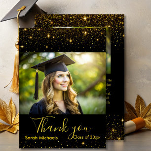 Eleganter goldener Glitzer Schwarzes Graduate Foto Dankeskarte