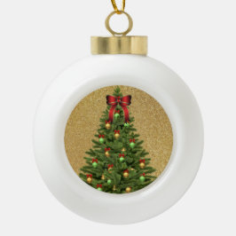 Eleganter Goldener Glitzer und Weihnachtsbaum Keramik Kugel-Ornament