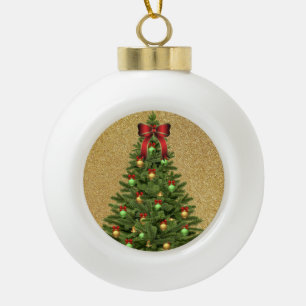 Eleganter Goldener Glitzer und Weihnachtsbaum Keramik Kugel-Ornament