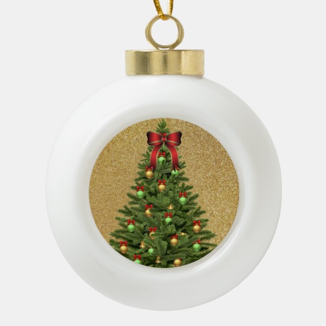 Eleganter Goldener Glitzer und Weihnachtsbaum Keramik Kugel-Ornament (Vorderseite)