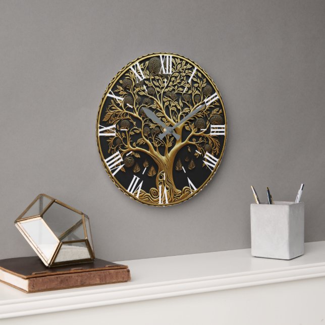Eleganter goldener gravierter Baum  Große Wanduhr (Büro)