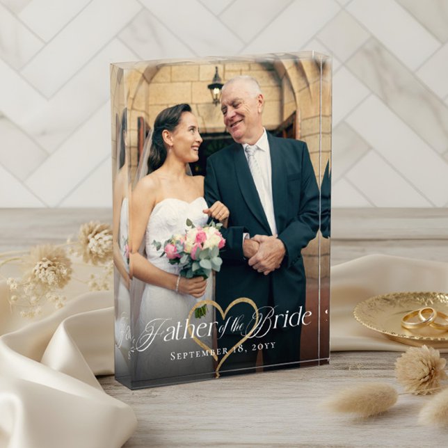 Eleganter Goldener Herz Vater der Bride Keepake Fotoblock (Elegant Gold Heart Father of the Bride Keepsake Photo Block)