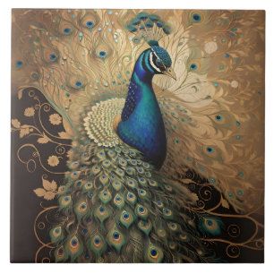 Eleganter Goldener Pfau Vogel Fliese
