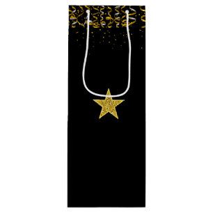 Eleganter goldener Stern und Konfetti auf Schwarz Geschenktüte Für Weinflaschen