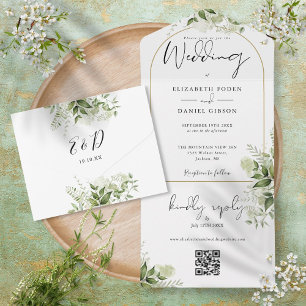 Eleganter Goldener Torbogen Grün Floral QR Code Ho All In One Einladung