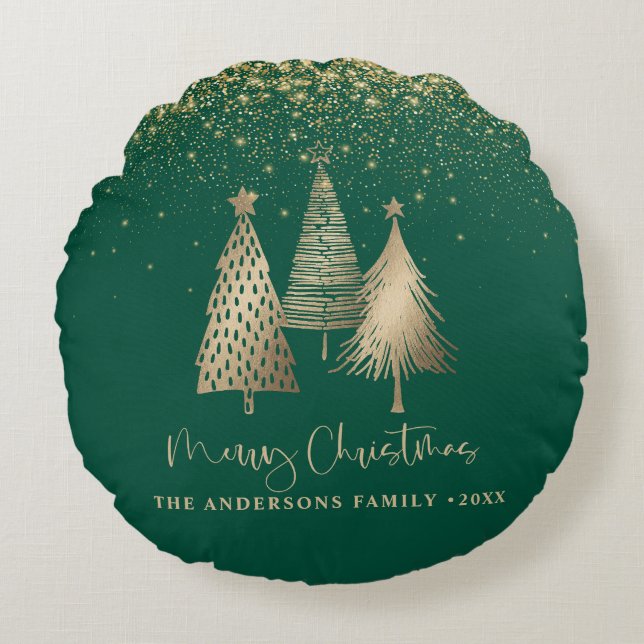 Eleganter Goldener Tree Glitzer Schnee Rundes Kissen (Vorderseite)