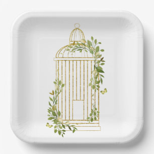 Eleganter goldener Vogelkäfig mit Foliage Paper Pl Pappteller