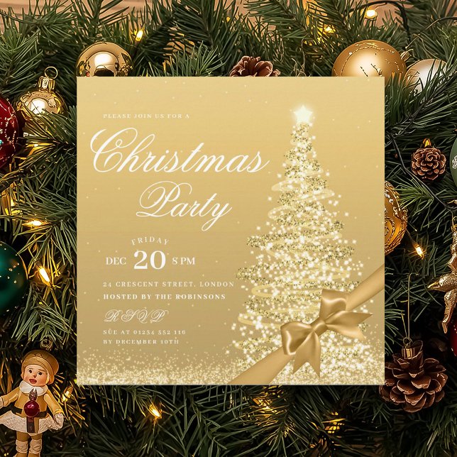 Eleganter goldener Weihnachtsbaum-Bogen  Einladung (Elegant Gold Winter Christmas Tree Bow Invitation)