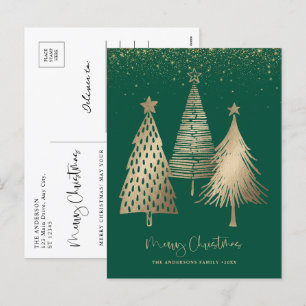 Eleganter goldener Weihnachtsbaum Glitter Schnee Feiertagspostkarte