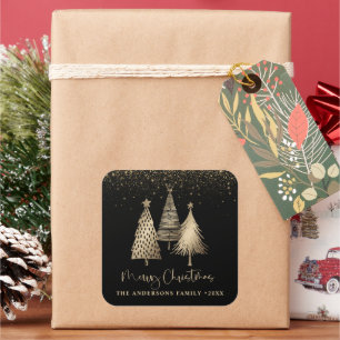 Eleganter goldener Weihnachtsbaum Glitter Schnee Quadratischer Aufkleber