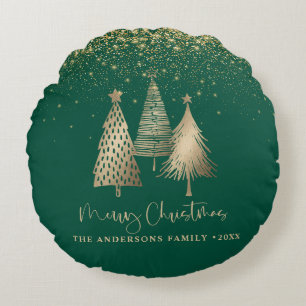 Eleganter goldener Weihnachtsbaum Glitter Schnee Rundes Kissen