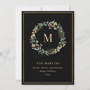 Eleganter goldener Weihnachtskranz mit Monogramm Feiertagskarte