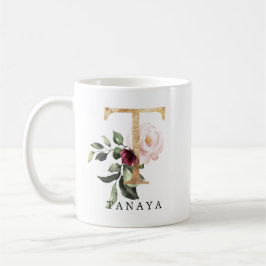 Eleganter goldfarbener Rosa Burgundy Blume Letter  Kaffeetasse