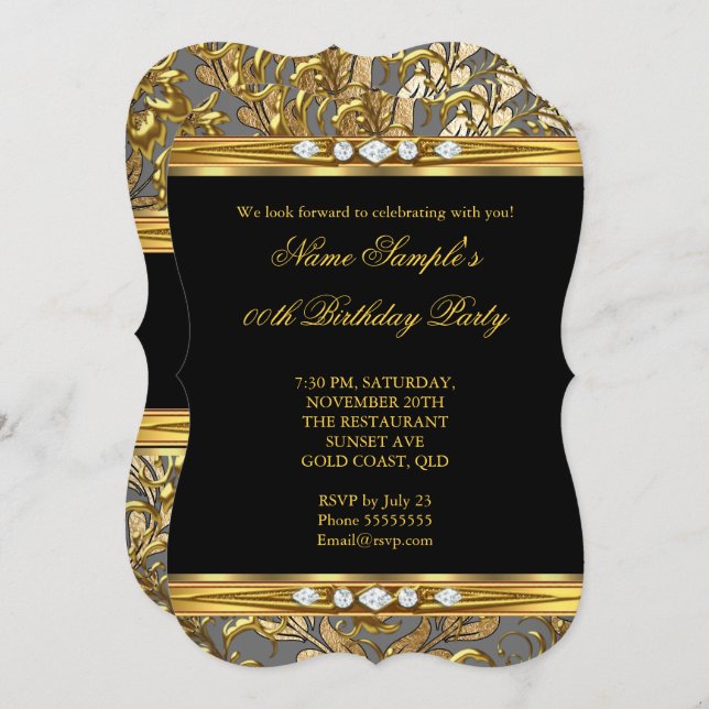 Eleganter Goldfilm Damask Black Diamond Geburtstag Einladung (Vorne/Hinten)