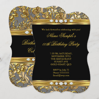 Eleganter Goldfilm Damask Black Diamond Geburtstag Einladung