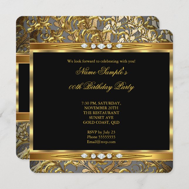 Eleganter Goldfilm Damask Black Diamond Geburtstag Einladung (Vorne/Hinten)