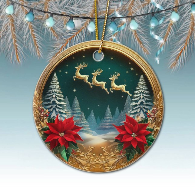 Eleganter Goldflieger, Poinsettias, Hirsche 🦌 Keramik Ornament (Golden Flying Reindeer, Deer Antlers, Trees, Moon, Snowy Night Winter Scene Ornament Front/Back 🦌🎄)